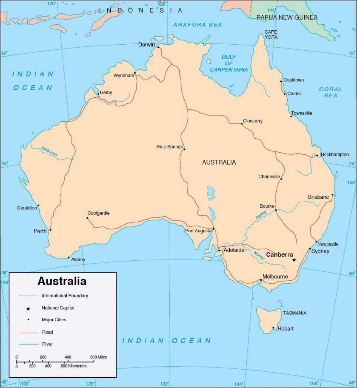 Karte von Australien mit den wichtigsten Städten